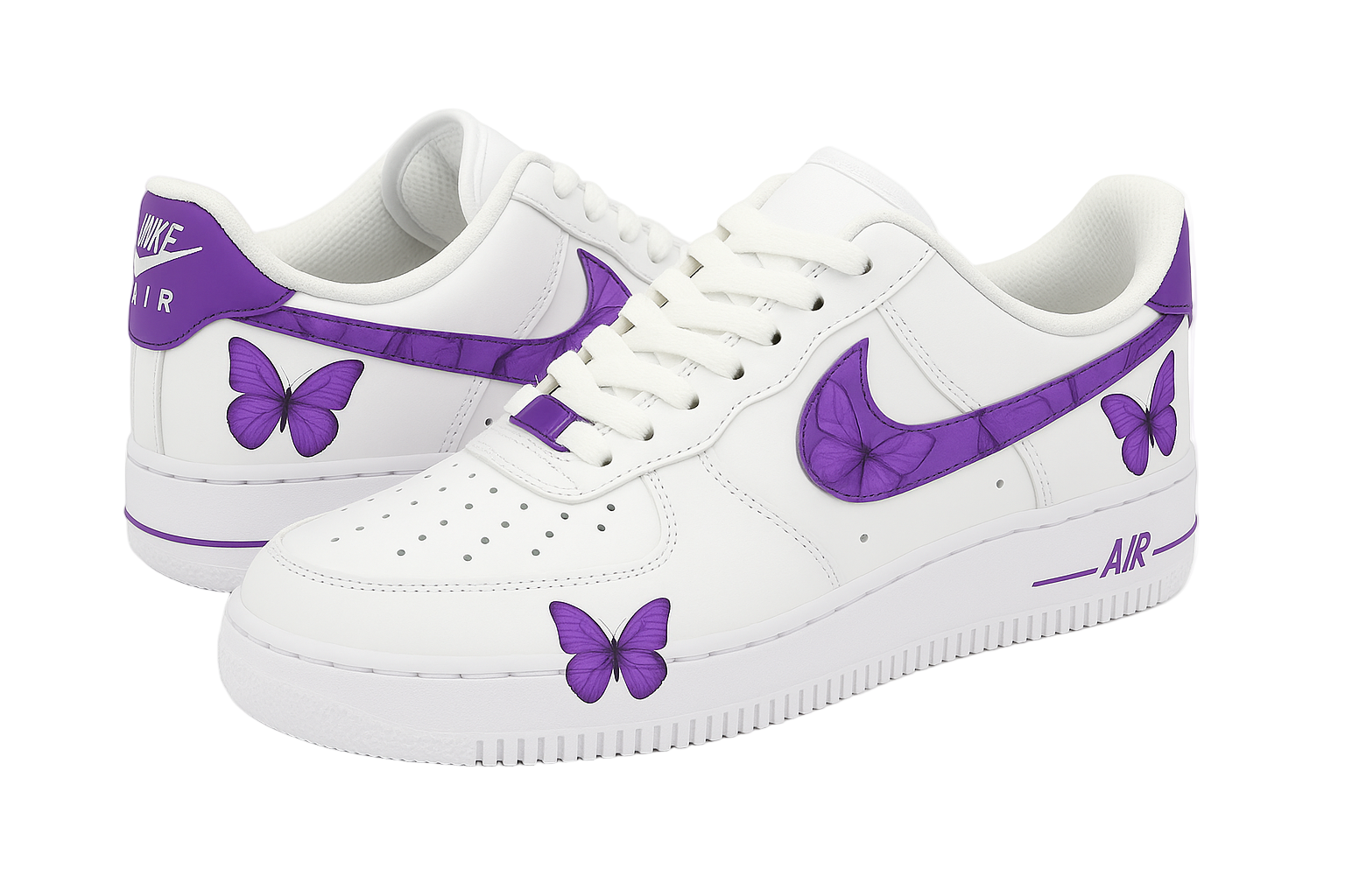 White sneakers with purple butterfly designs on a white background