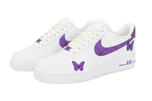 White sneakers with purple butterfly designs on a white background