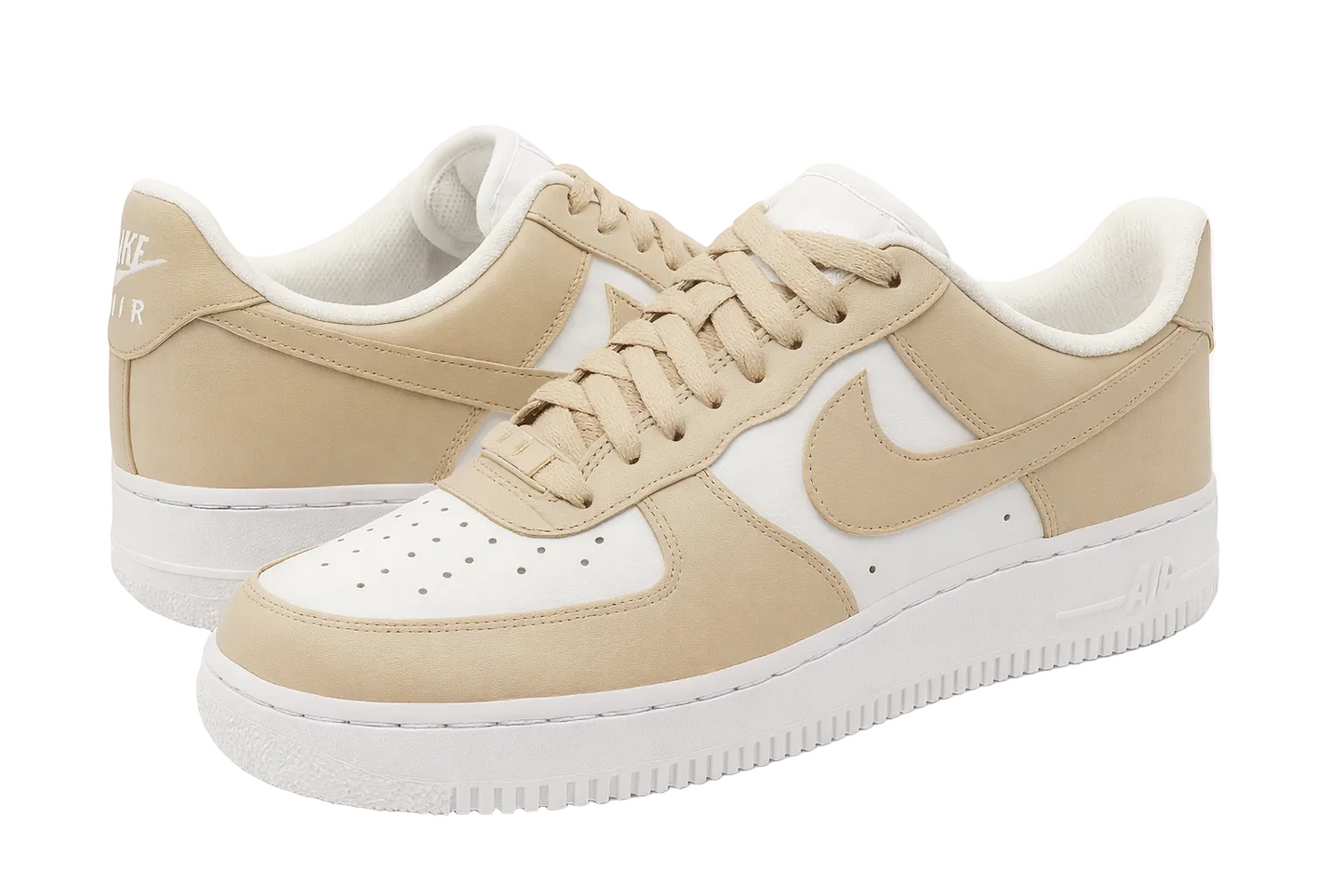 Beige and white sneakers with a visible Nike logo on a white background