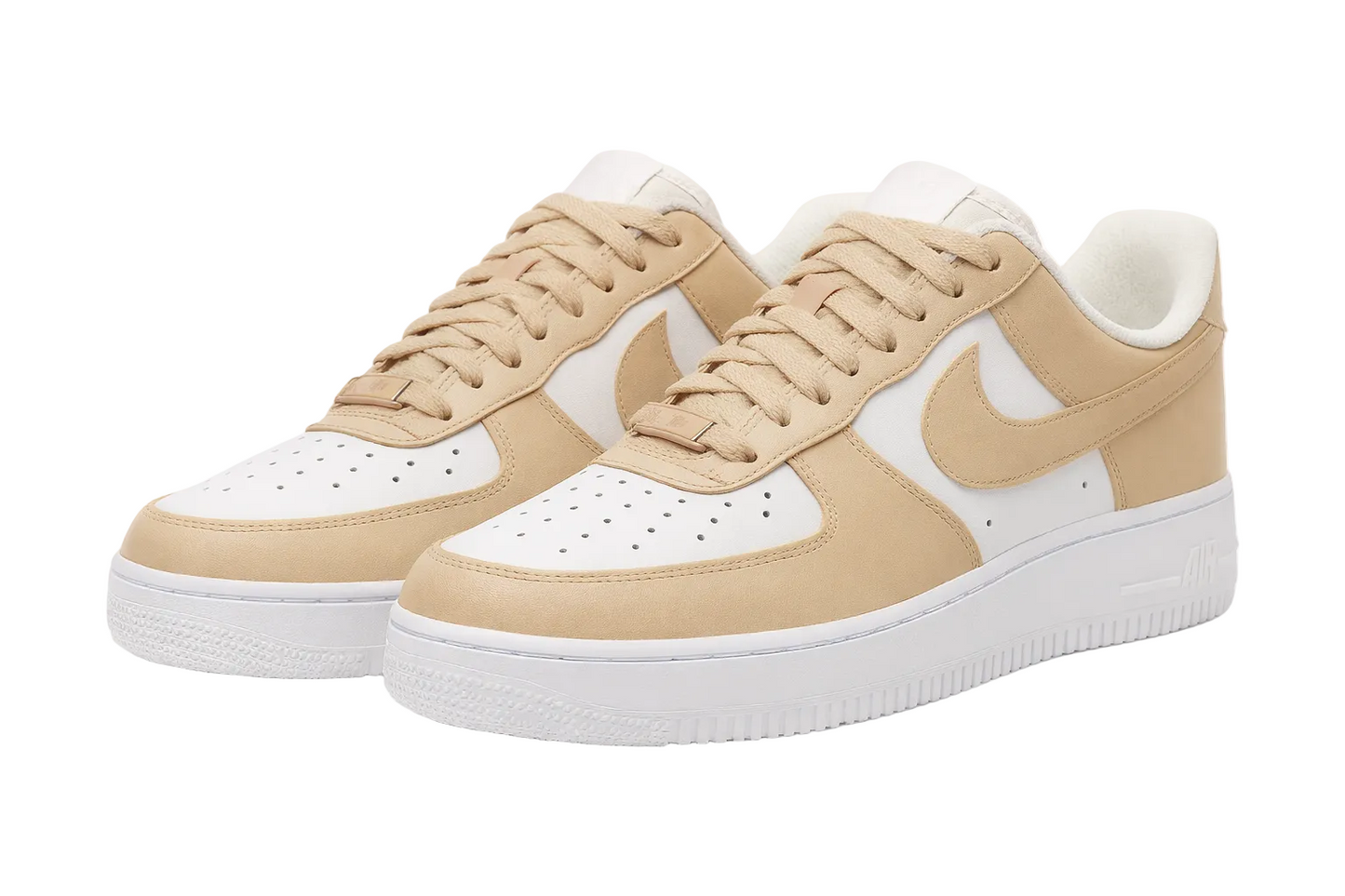 Beige and white sneakers with a Nike logo on a white background