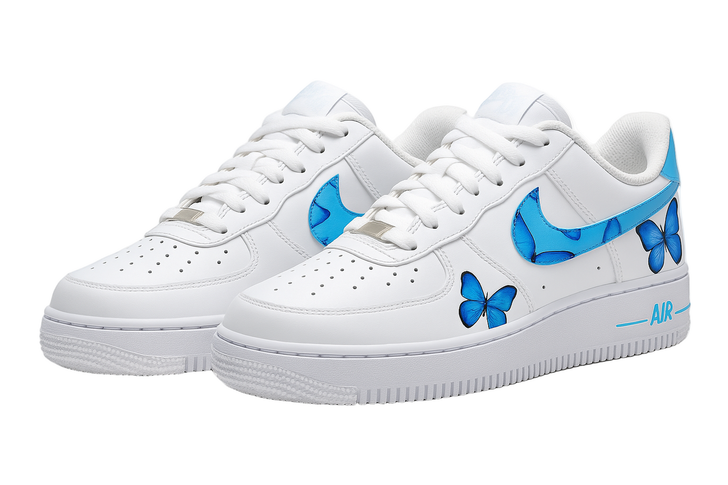 White sneakers with blue butterfly designs on a white background