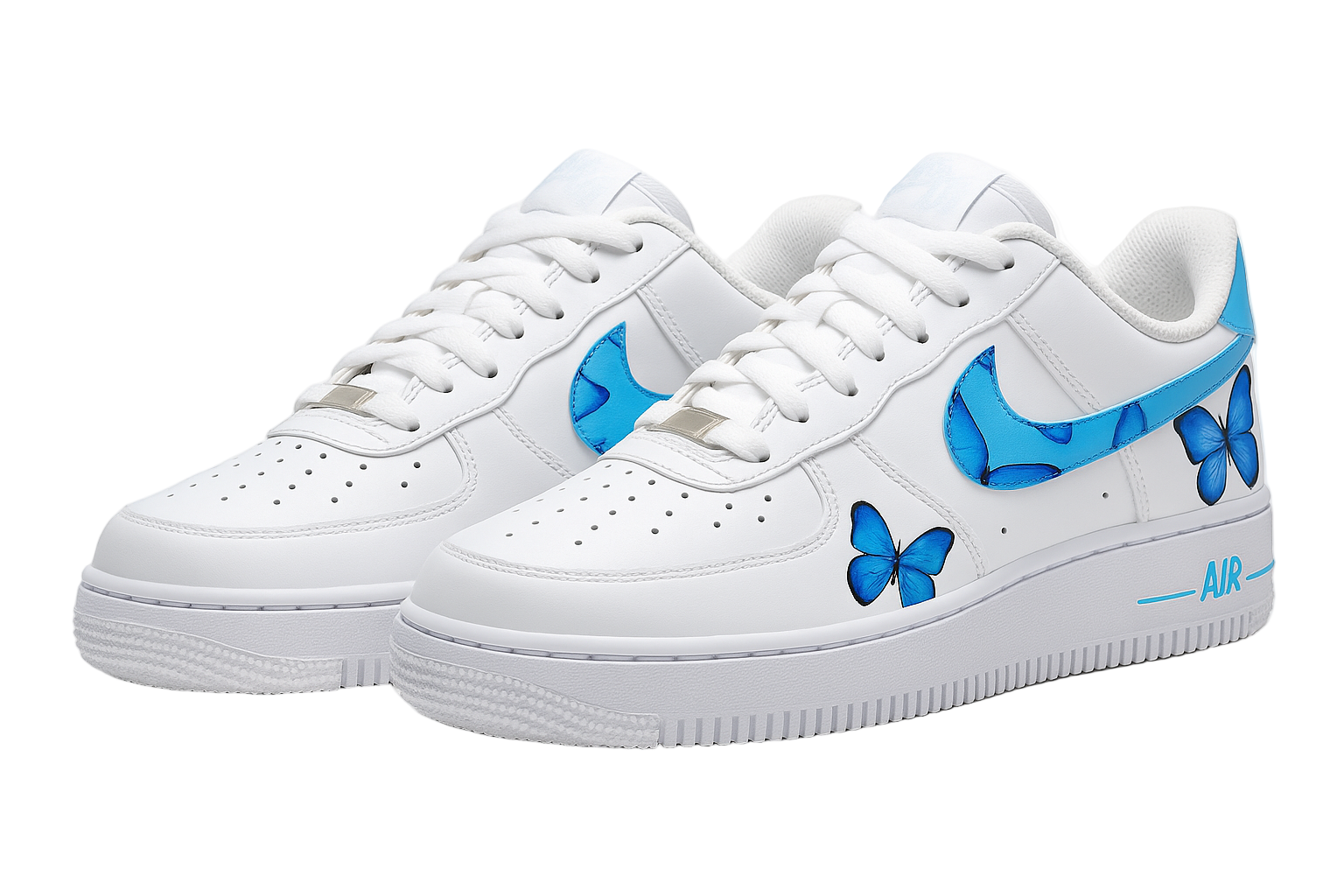 White sneakers with blue butterfly designs on a white background
