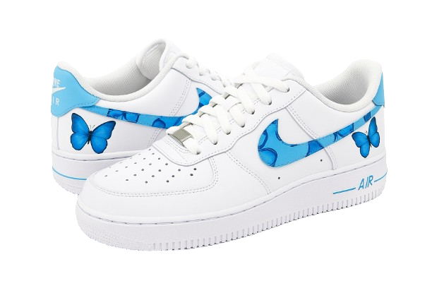 White sneakers with blue butterfly designs on a white background