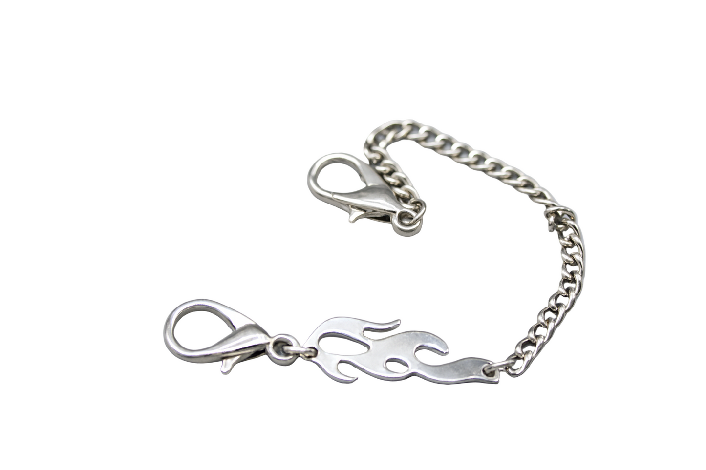 Silver chain bracelet with flame design on a white background